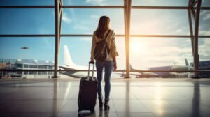 Woman standing in airport, holding suitcase