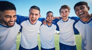 Smiling members of soccer team standing on field 
